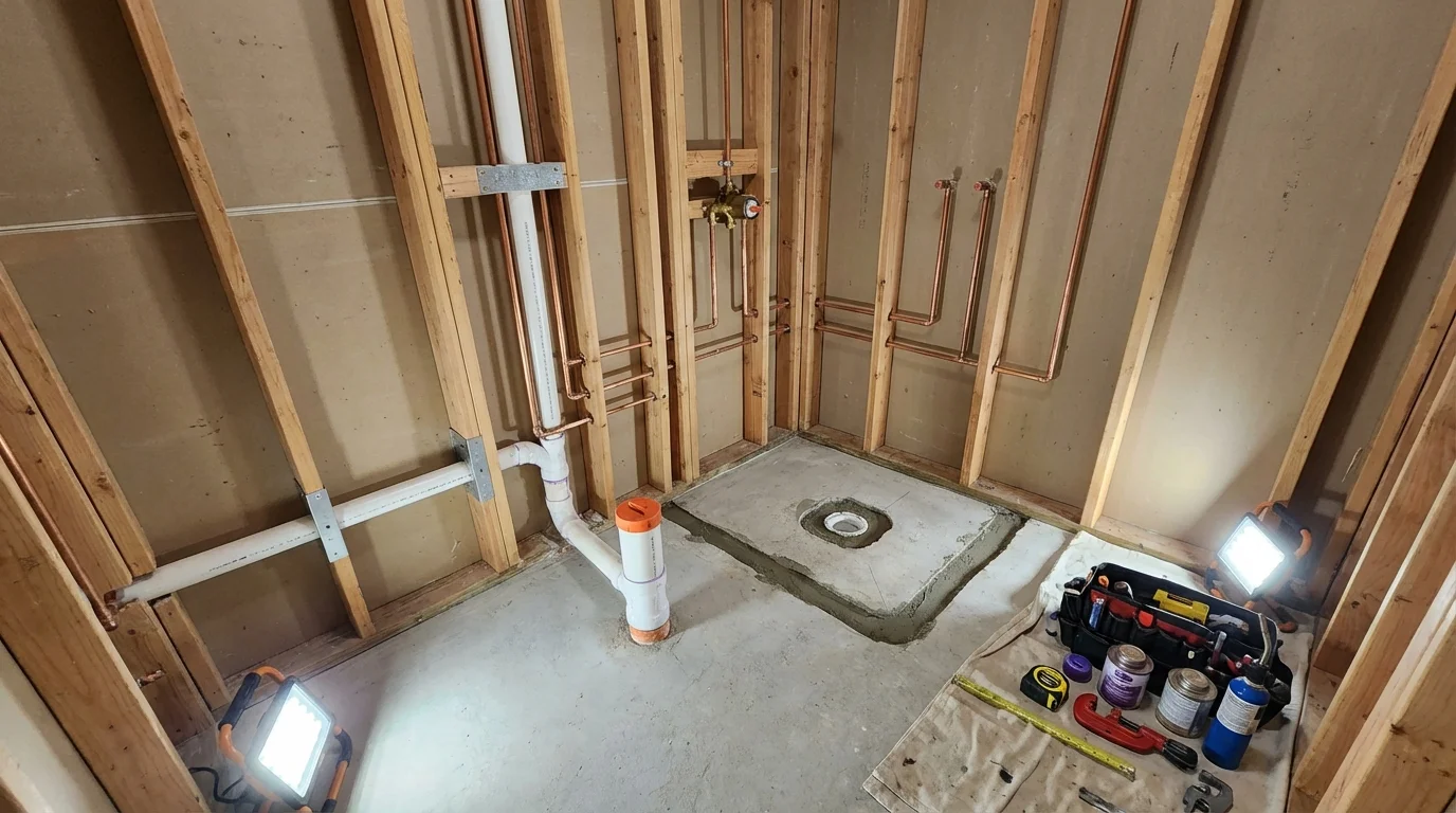 Bathroom rough-in plumbing during remodel by Johns Plumbing LLC in Banks