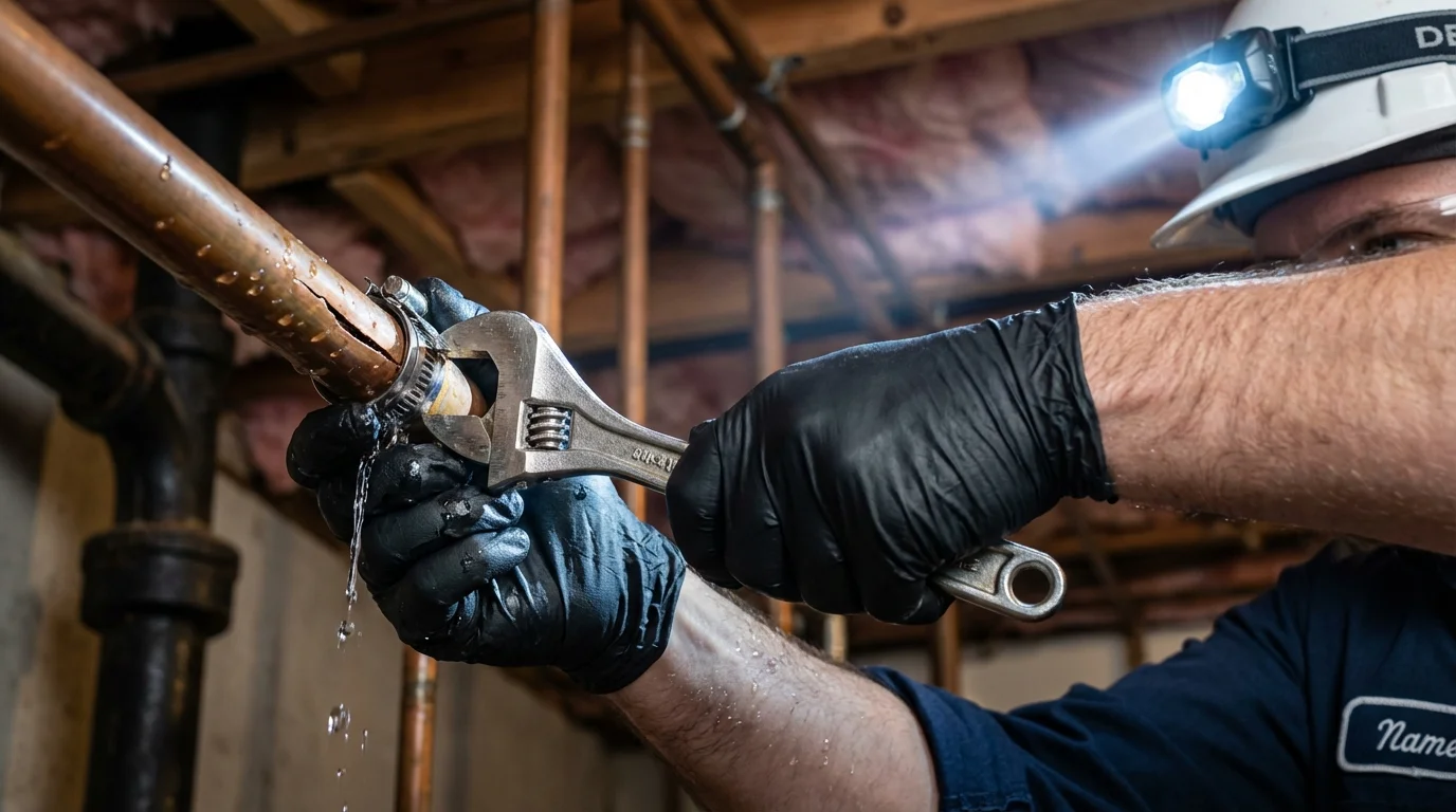 Emergency pipe clamp repair being performed by a Johns Plumbing LLC plumber in Banks