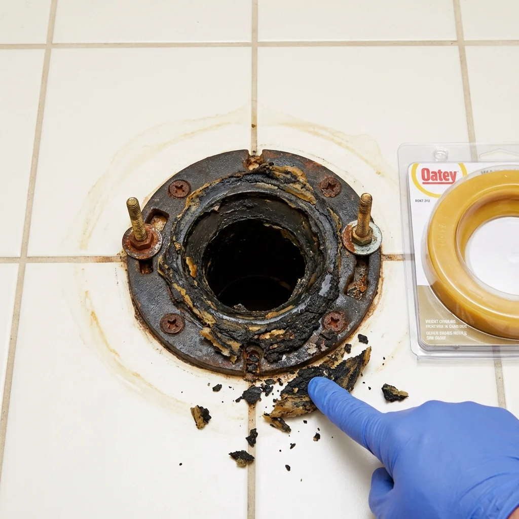 Failed wax ring showing water seepage at the base of a toilet in a Banks, OR home