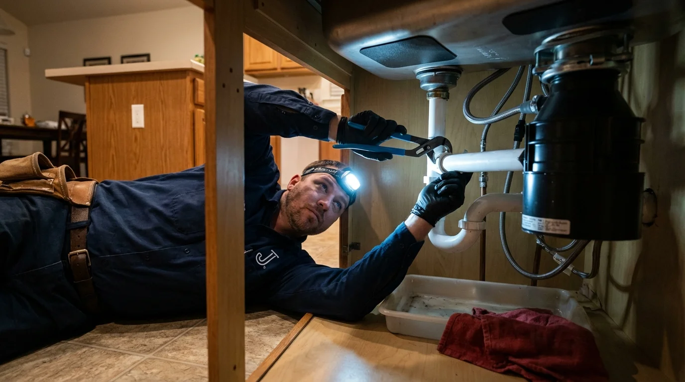 P-trap and supply line connections under a kitchen sink showing a common leak point in Banks, OR