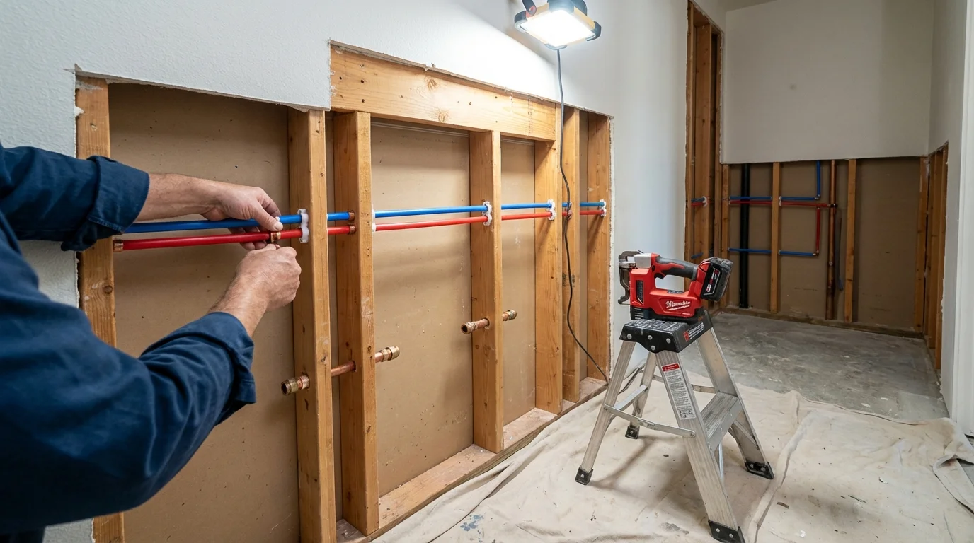 Old galvanized pipes being replaced with modern PEX piping during a whole-house repipe in Banks, OR